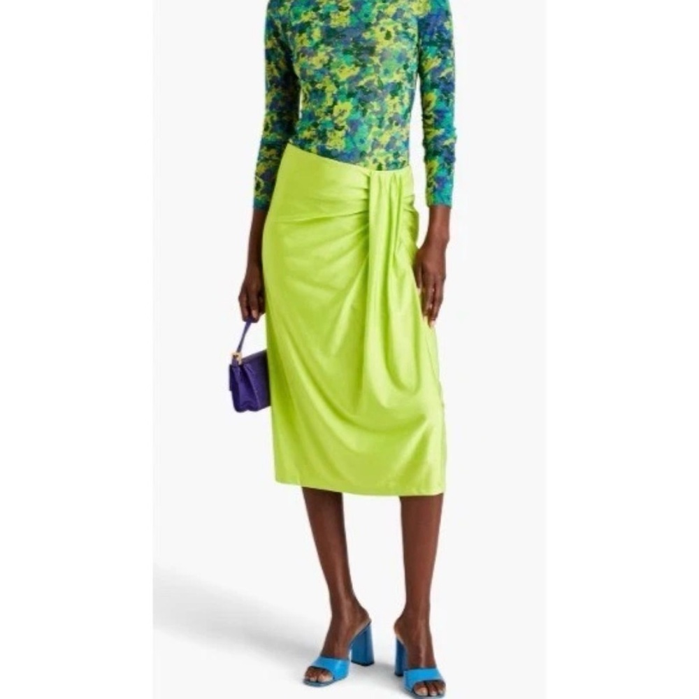 Stine Goya Sif Midi Skirt In Acid Lime Green Size Xs Slinky Draped Twist Neon
